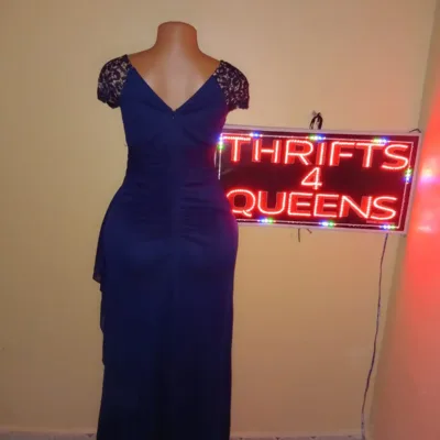 Navy Blue V-Neck Lace-Sleeve Maxi Dress