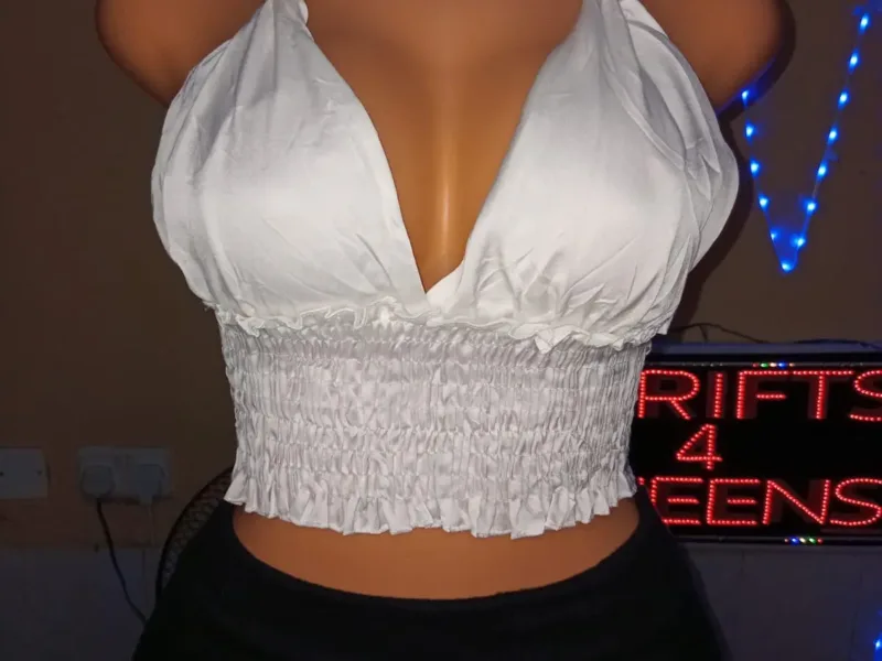 White Plunging Halter Smocked Crop Top