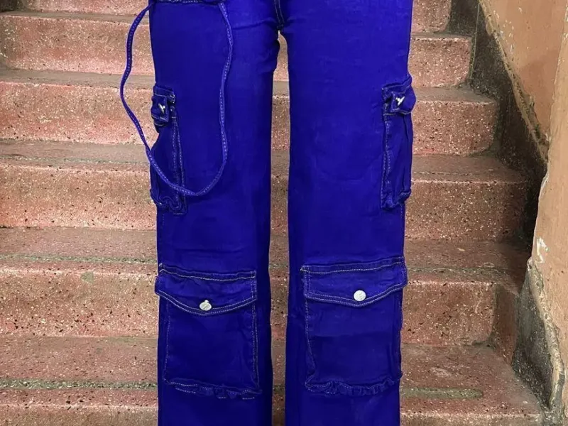 Women’s Royal Blue High-Waisted Cargo Denim Pants