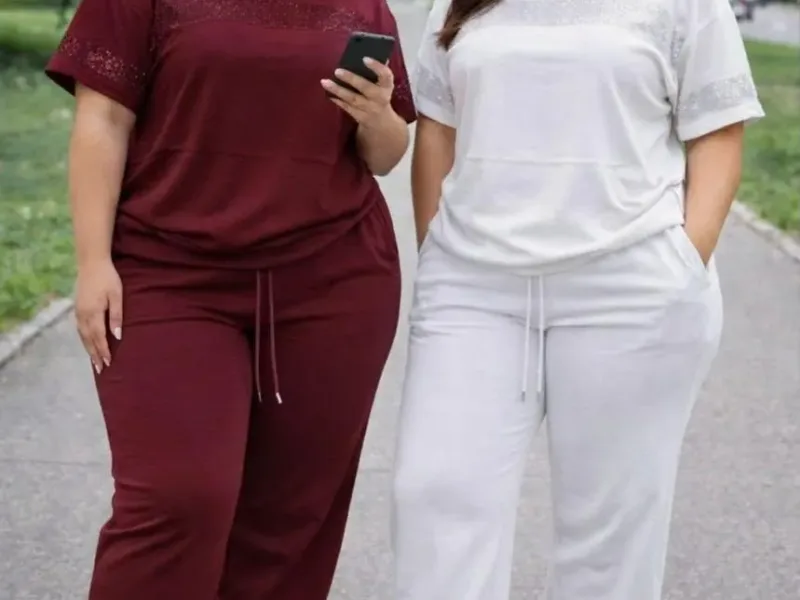 Women’s matching two-piece tracksuit/loungewear set (short-sleeved top and relaxed-fit trousers).