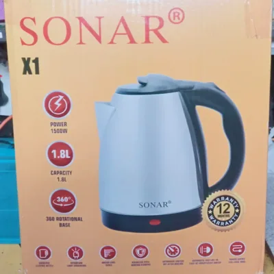 Sonar Stainless Steel 1.8Ltr Electric Kettle,1.5m Power Cord,1500W Fast Boil – Silver & Black