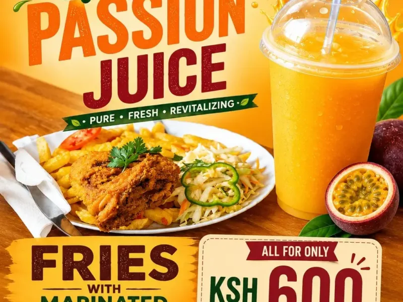 Fries with Marinated Piecer & Natural Refreshing Passion Juice