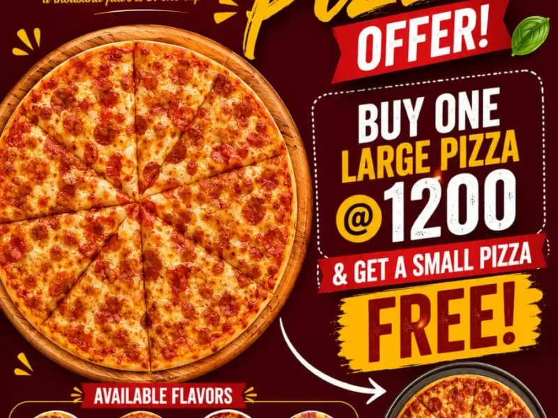 Buy 1 Large Pizza at KSh 1200 and get 1 Small Pizza FREE.