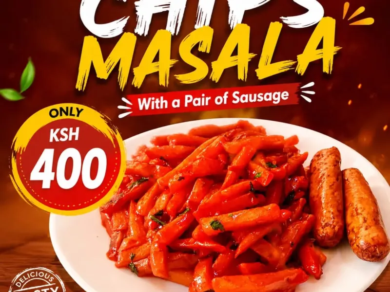 Hot Chips Masala served with a pair of sausages